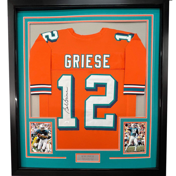 FRAMED Autographed/Signed BOB GRIESE 33x42 Miami Orange Football Jersey JSA COA