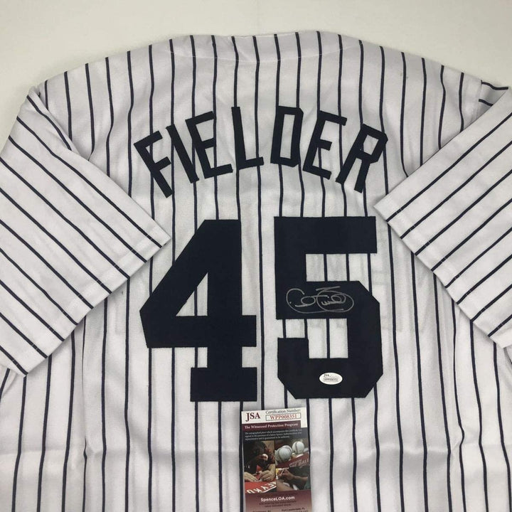 Autographed/Signed CECIL FIELDER New York Pinstripe Jersey JSA COA Auto