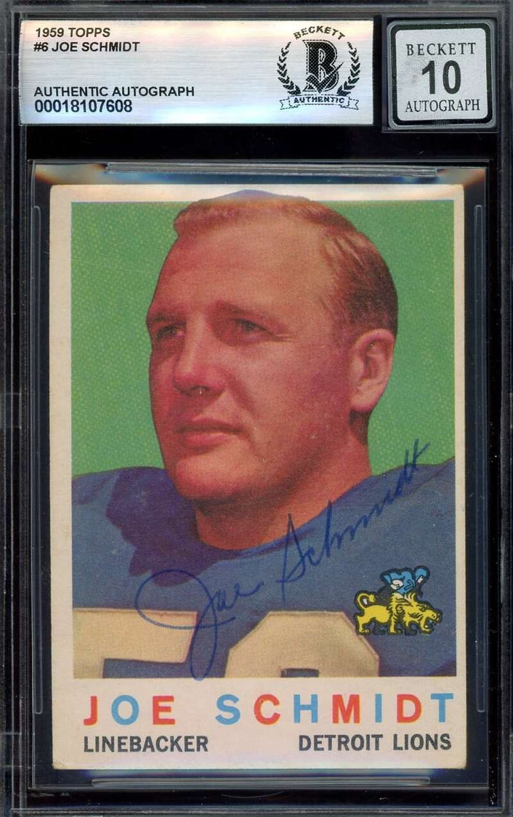 Joe Schmidt Gem Mint 10 Beckett BAS Signed 1959 Topps Autograph