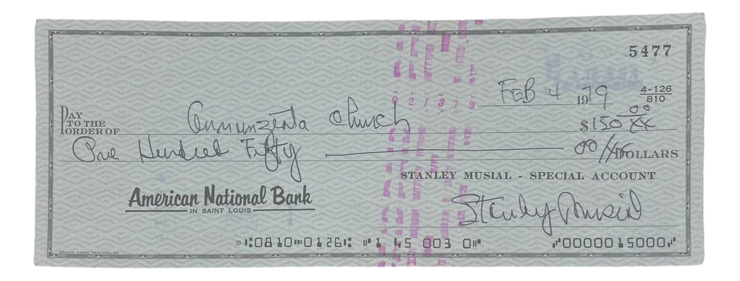Stan Musial St. Louis Cardinals Signed  Bank Check #5477 BAS