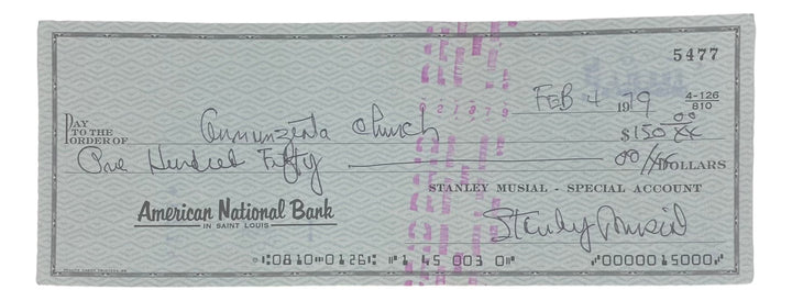 Stan Musial St. Louis Cardinals Signed  Bank Check #5477 BAS