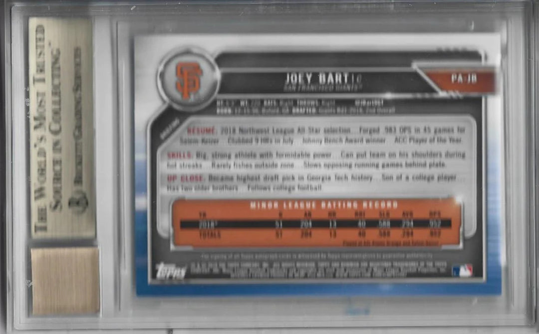 Joey Bart 2019 Bowman Prospect Autographed Rookie Card (BGS 9.5 GEM MINT, Auto 1