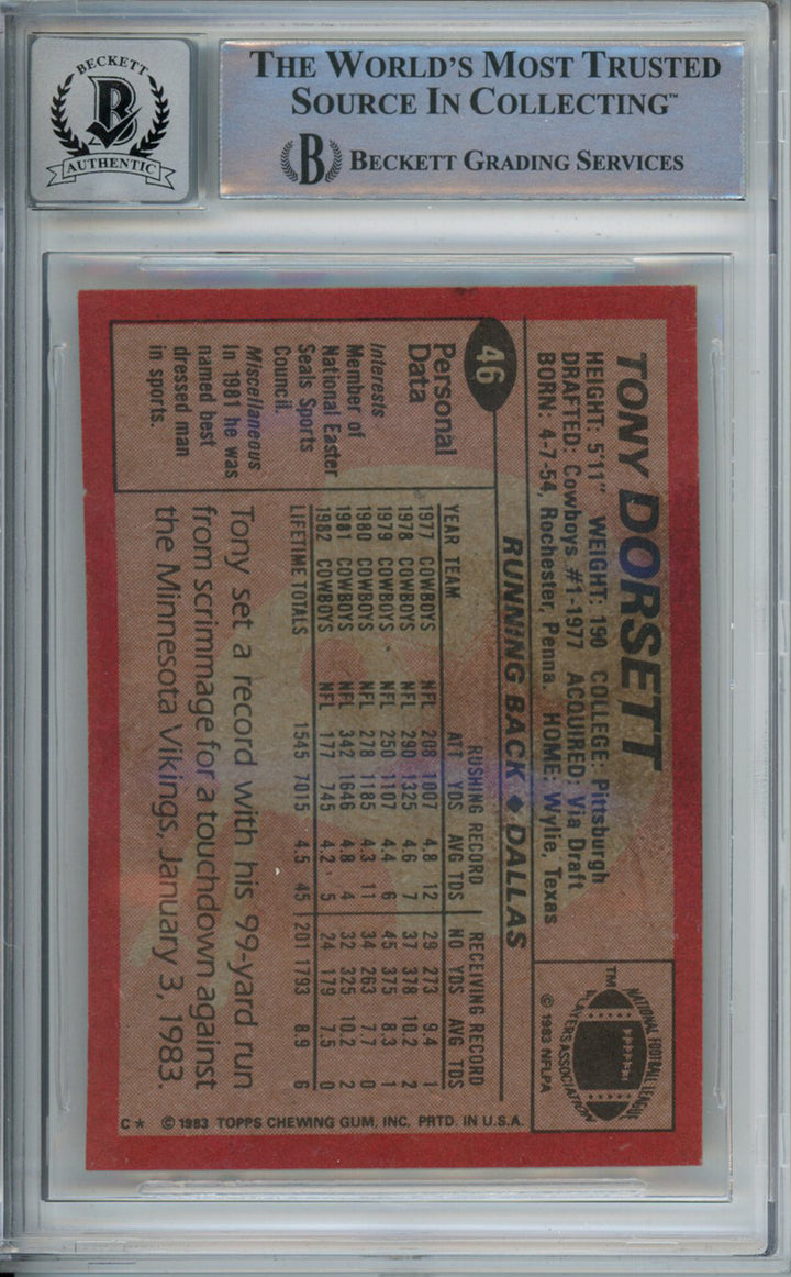 Tony Dorsett Autographed 1983 Topps #46 Trading Card Beckett 10 Slab 39238