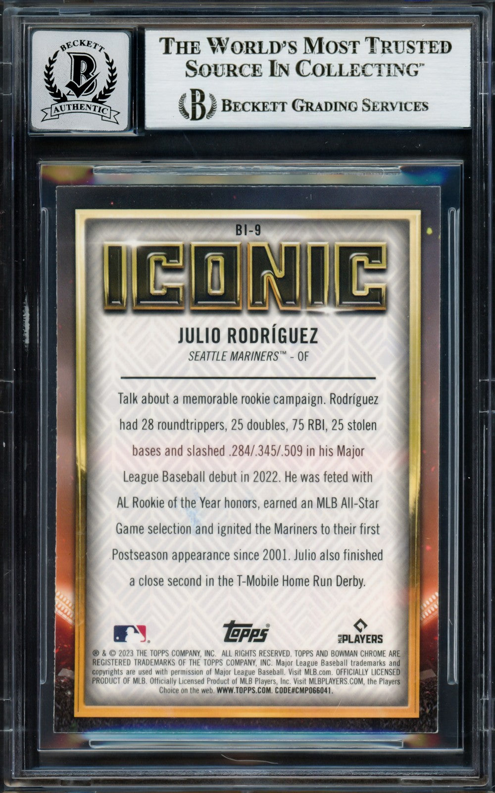 Julio Rodriguez Auto 2023 Bowman Chrome Iconic Refractor Card BI9 Sig 10 Beckett