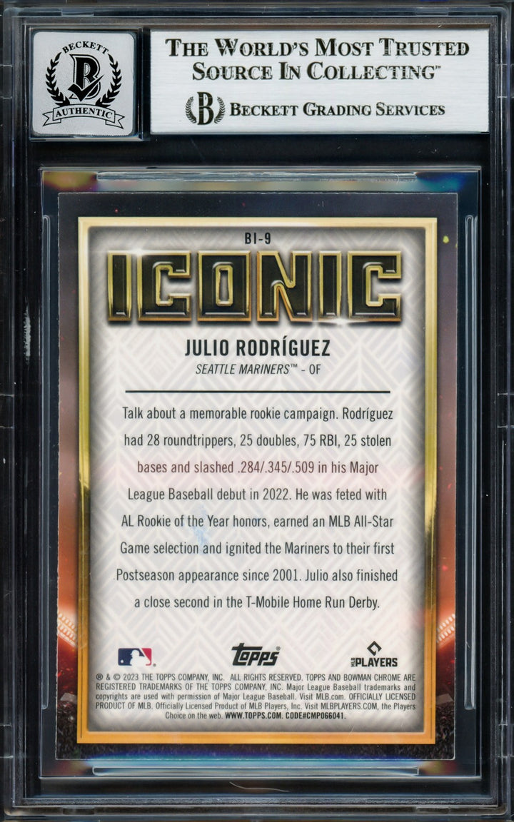 Julio Rodriguez Auto 2023 Bowman Chrome Iconic Refractor Card BI9 Sig 10 Beckett