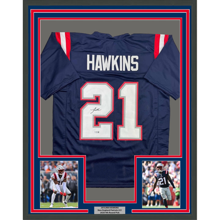 Framed Autographed/Signed Jaylinn Hawkins 35x39 New England Blue Jersey COA