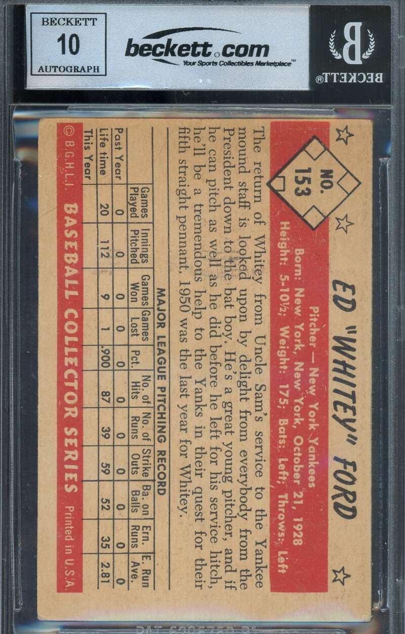 Whitey Ford Gem Mint 10 Beckett BAS Signed 1953 Bowman Color Autograph