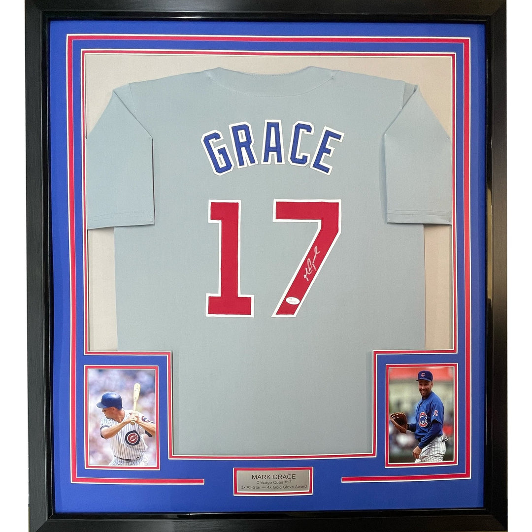 FRAMED Autographed/Signed MARK GRACE 33x42 Chicago Grey Jersey JSA COA