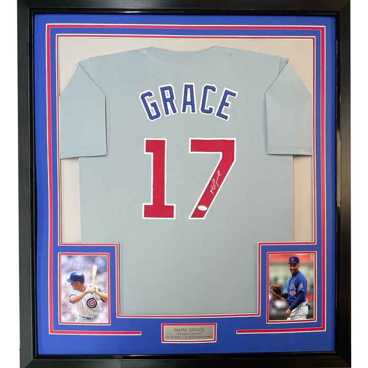 FRAMED Autographed/Signed MARK GRACE 33x42 Chicago Grey Jersey JSA COA