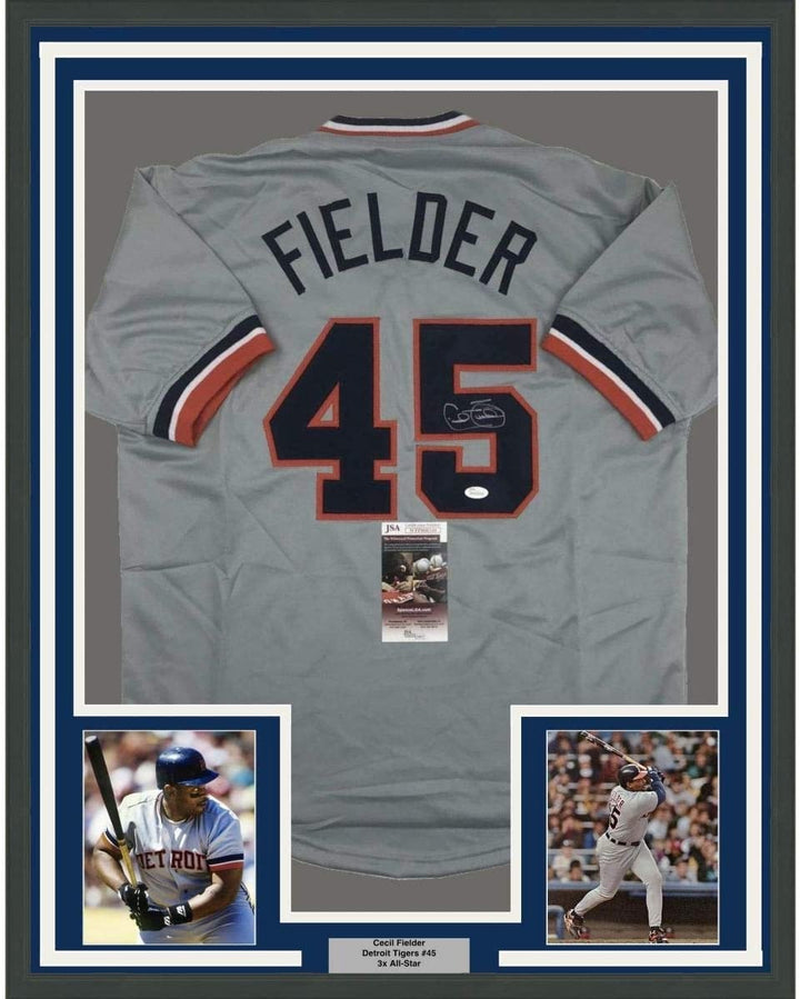 FRAMED Signed CECIL FIELDER 35x39 Detroit Grey Jersey JSA COA Auto