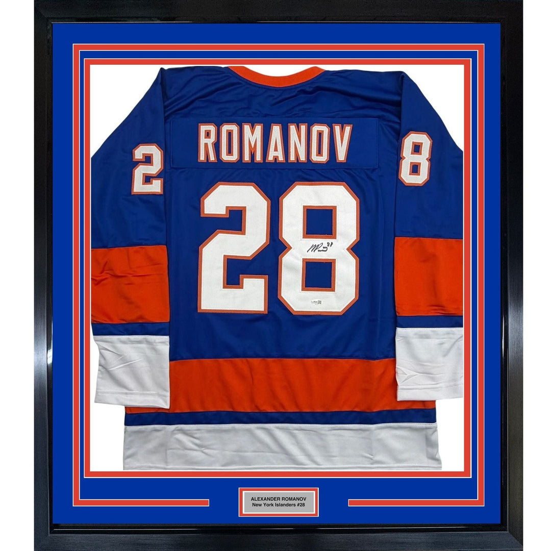 Framed Autographed/Signed Alexander Romanov 35x39 NY Blue Jersey JSA COA