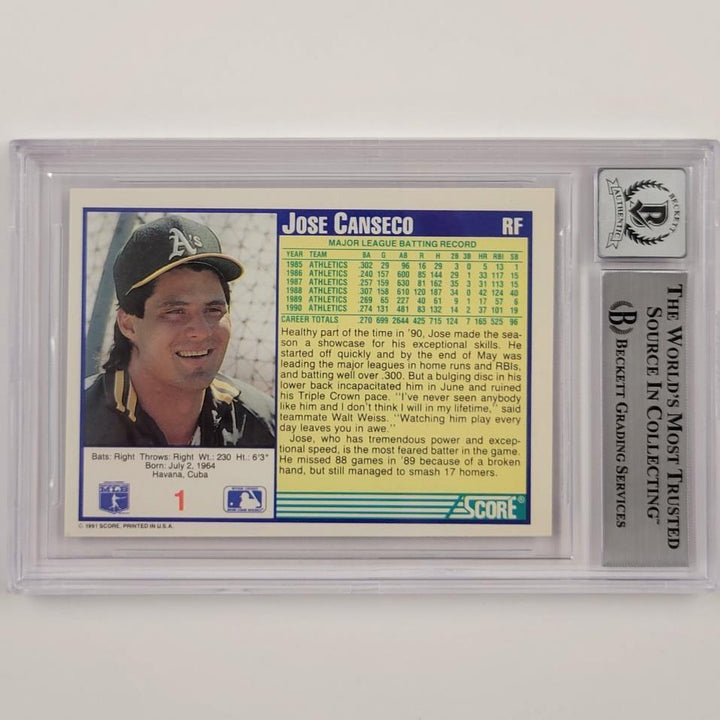 Jose Canseco signed 1991 Score #1 card autograph 598 Oakland A's BGS BAS 10 auto