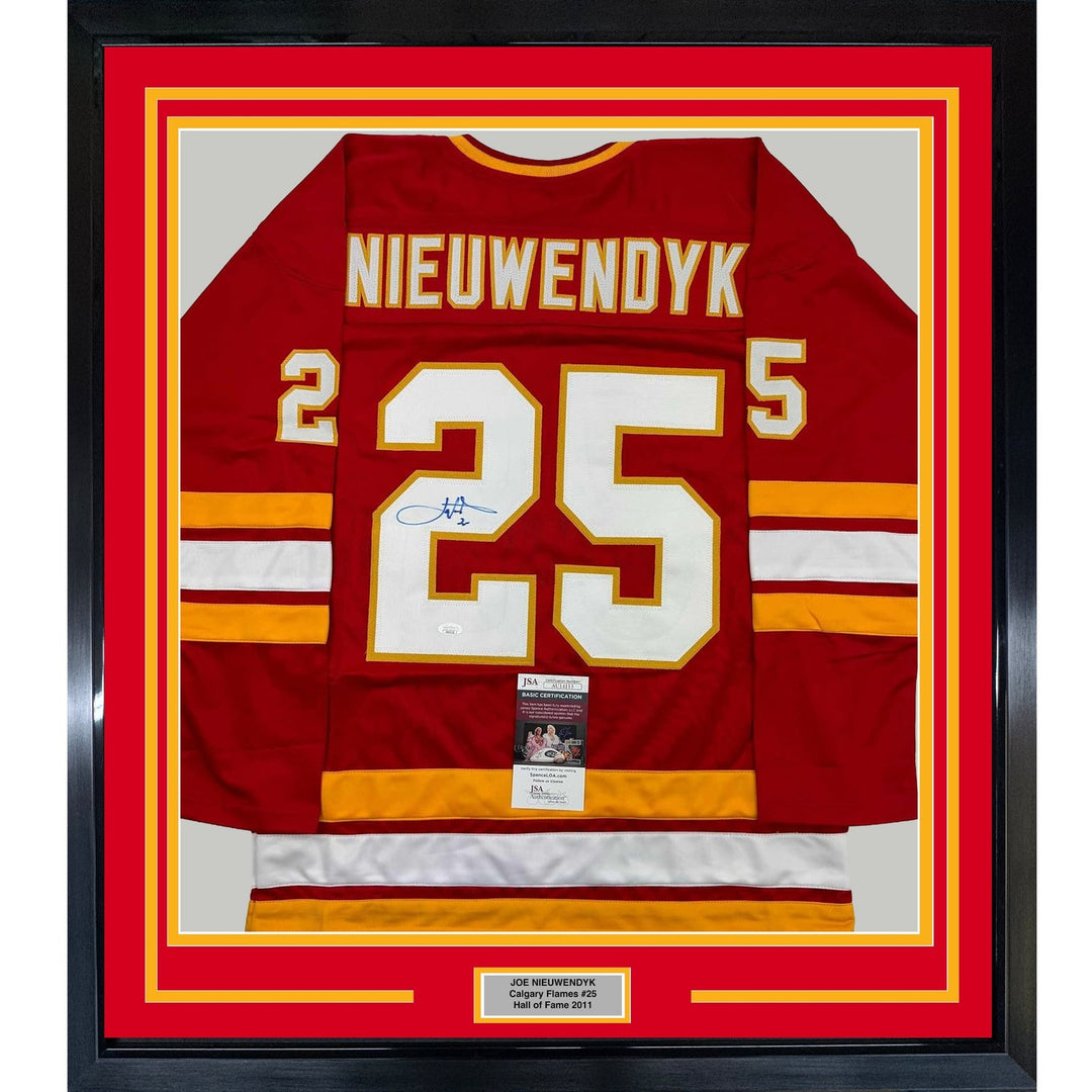 Framed Autographed/Signed Joe Nieuwendyk 35x39 Calgary Red Jersey JSA COA