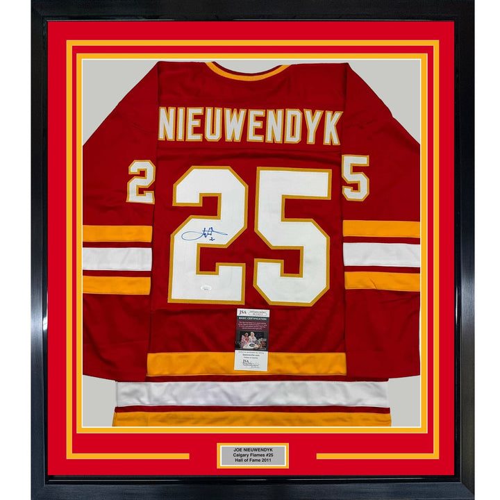 Framed Autographed/Signed Joe Nieuwendyk 35x39 Calgary Red Jersey JSA COA
