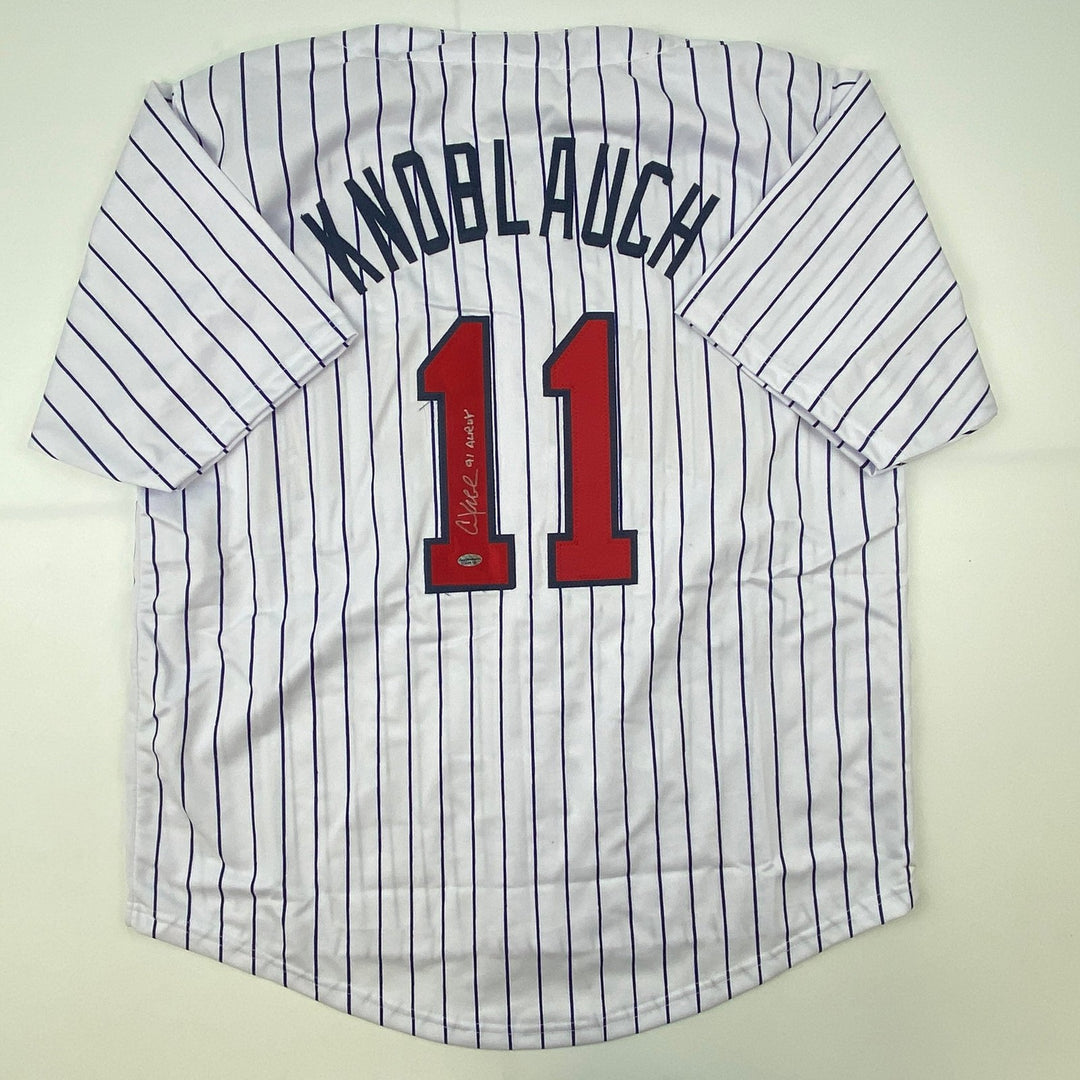 Autographed/Signed Chuck Knoblauch Minnesota Pinstripe Jersey Leaf COA