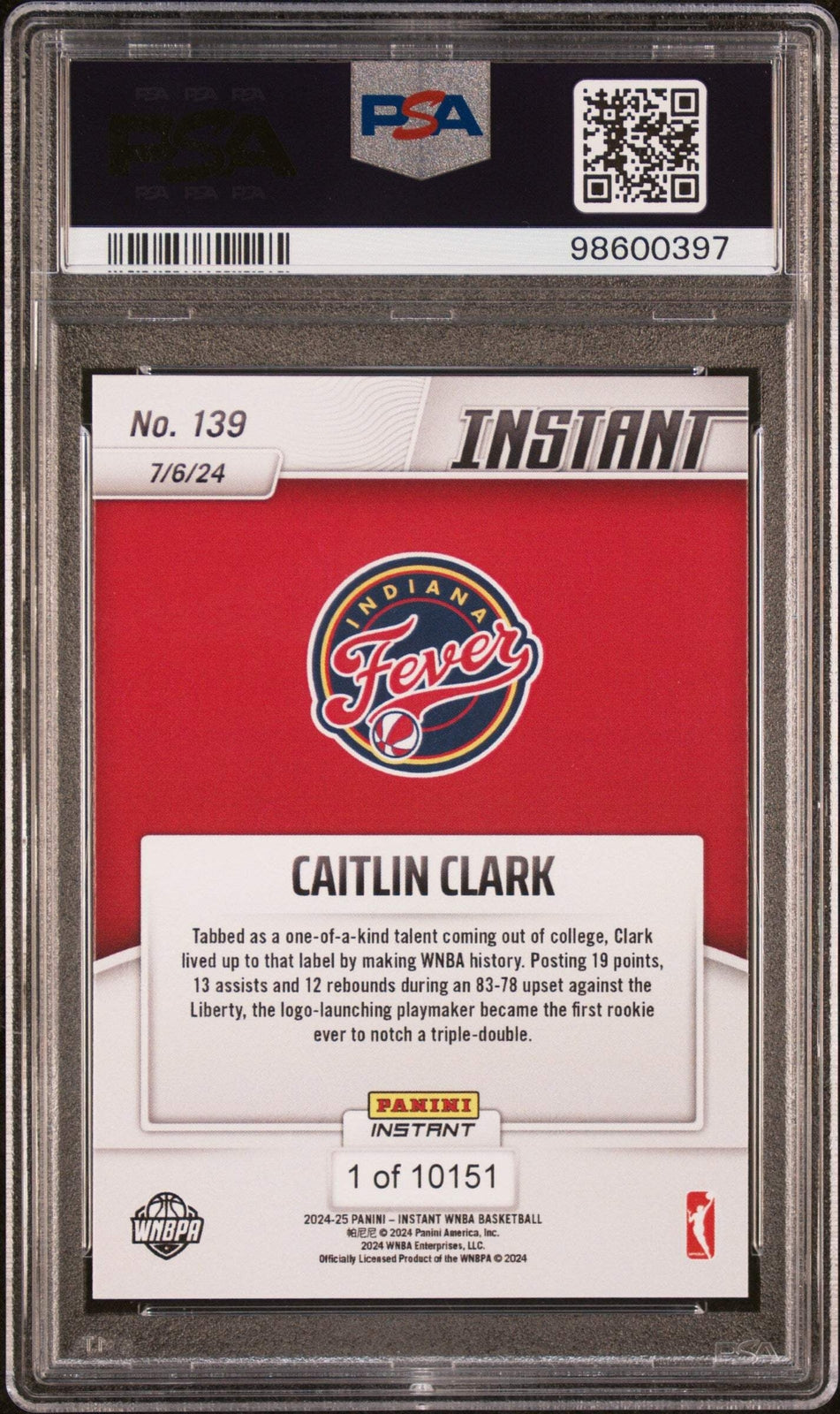 Graded 2024 Panini Instant WNBA Caitlin Clark #139 Rookie Basketball Card PSA 10