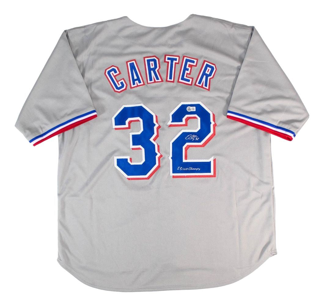 Evan Carter Texas Signed Gray Baseball Jersey 23 WS Champs BAS