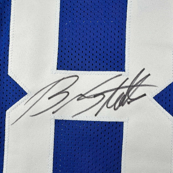 Framed Autographed/Signed Brandon Stokley 33x42 Indianapolis Blue Jersey JSA COA