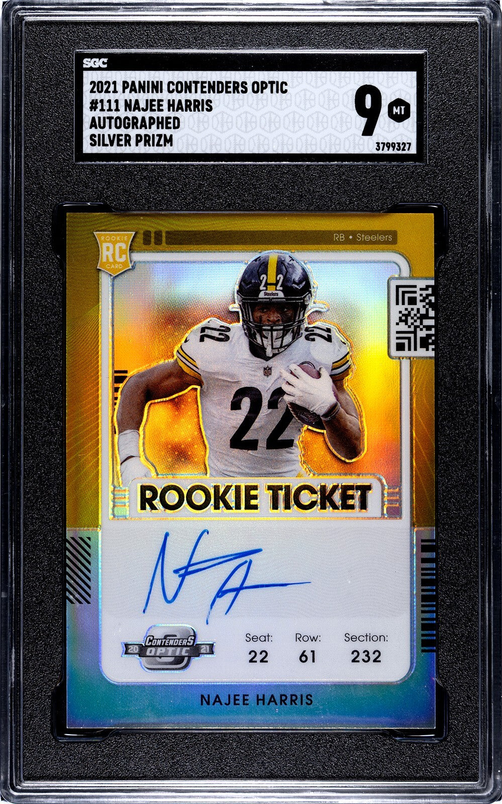 Najee Harris signed 2021 Contenders Optic Prizm Rookie Card- SGC Graded 9 Mint