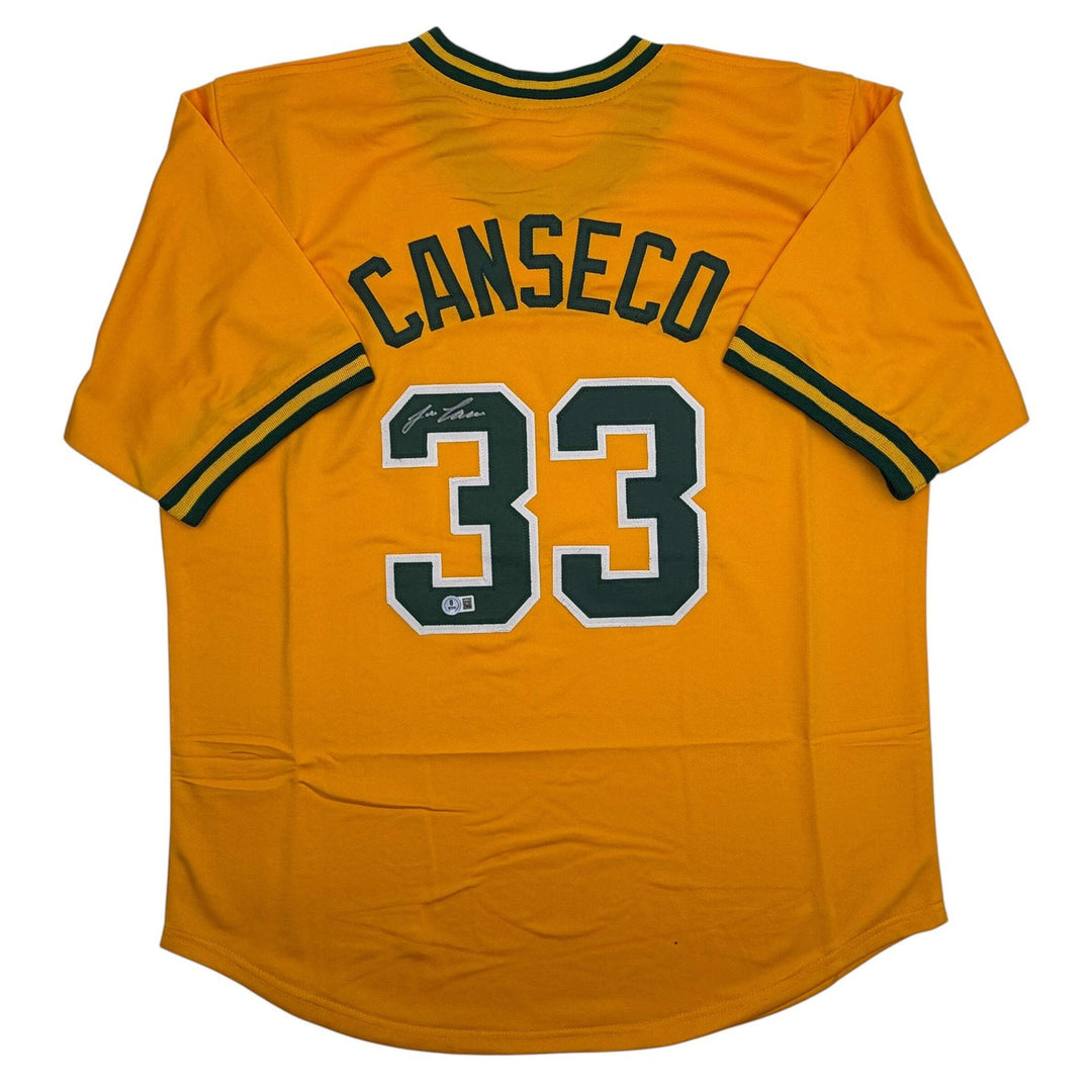 Autographed/Signed JOSE CANSECO Oakland Yellow Baseball Jersey JSA COA Auto