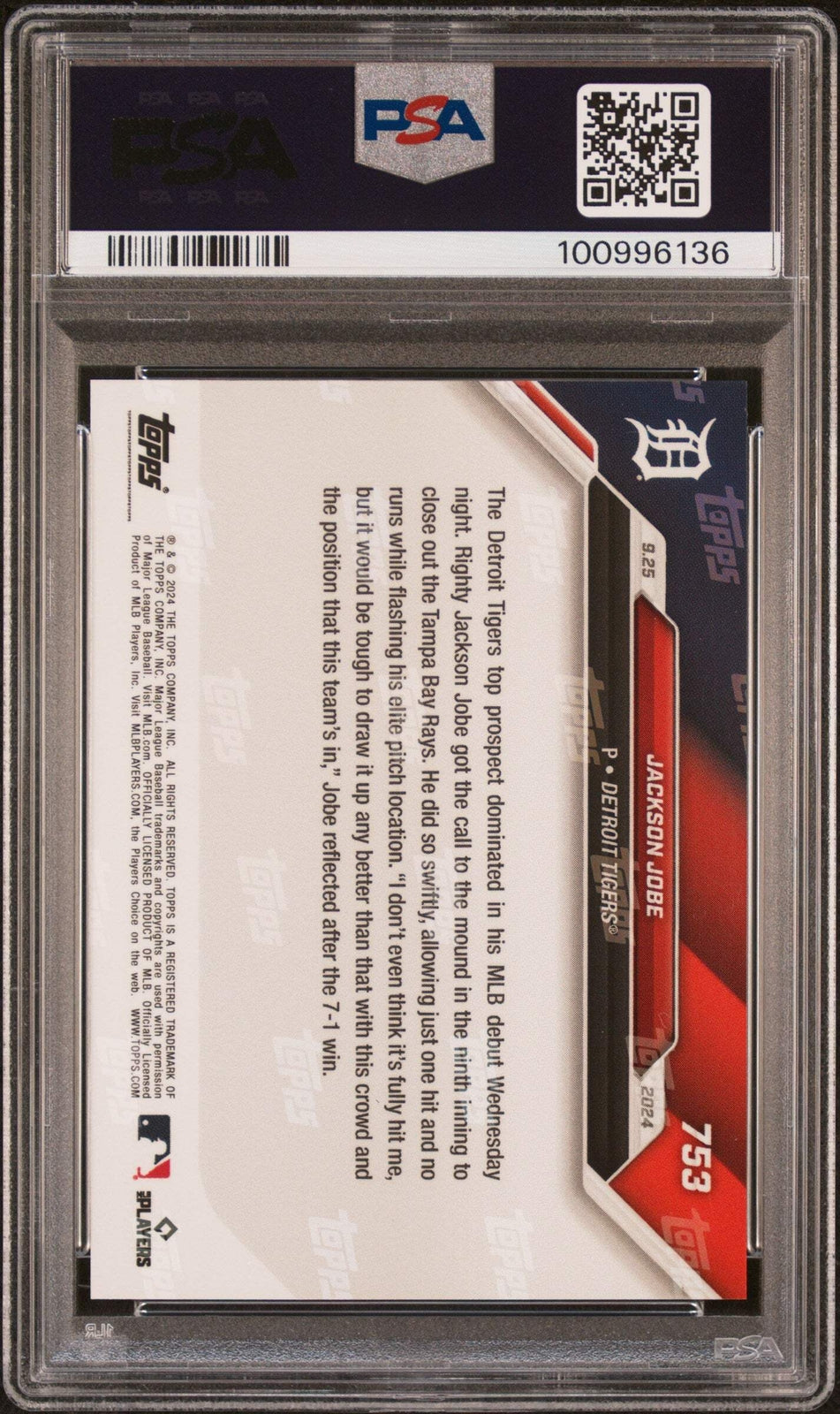 Graded 2024 Topps Now Jackson Jobe #753 Rookie RC Baseball Card PSA 10 Gem Mint