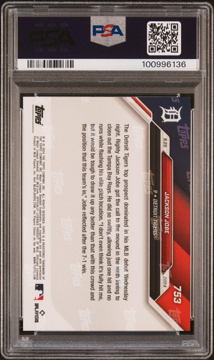 Graded 2024 Topps Now Jackson Jobe #753 Rookie RC Baseball Card PSA 10 Gem Mint