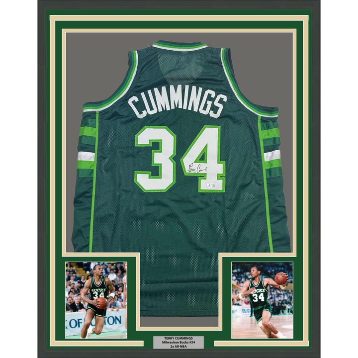 Framed Autographed/Signed Terry Cummings 35x39 Milwaukee Green Jersey BAS COA