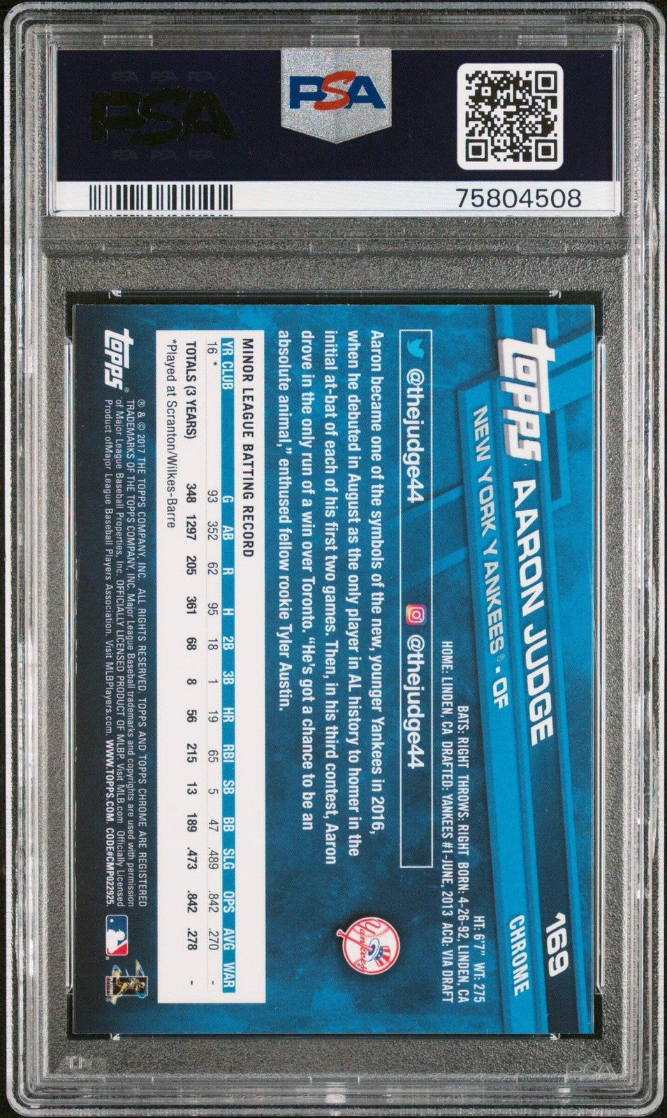 Graded 2017 Topps Chrome Aaron Judge #169 Catching Rookie Baseball Card PSA 10