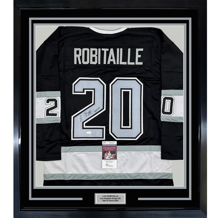 Framed Signed Luc Robitaille HOF 09 35x39 LA Black Jersey JSA COA