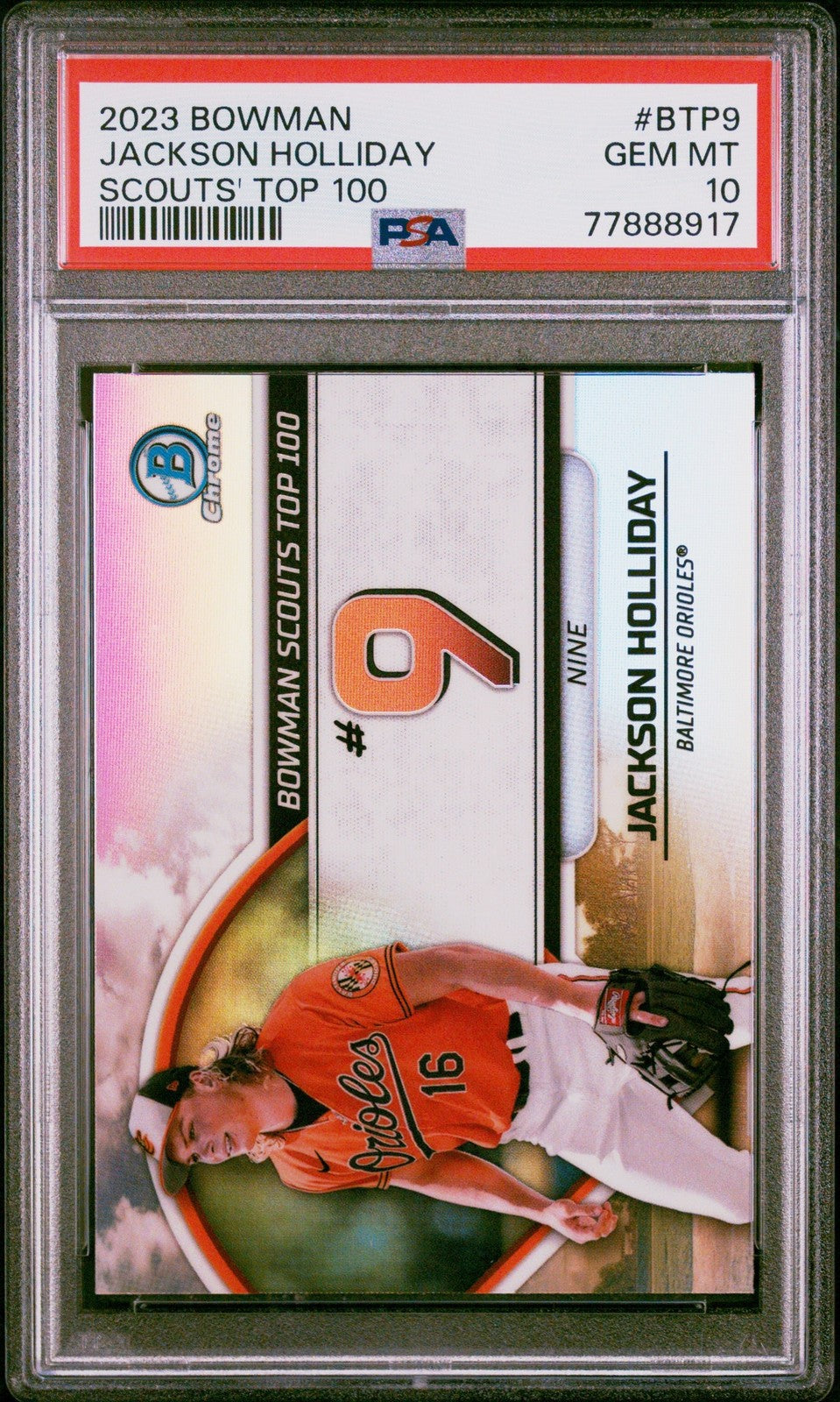 Graded 2023 Bowman Jackson Holliday #BTP9 Scouts Top 100 RC Card PSA 10