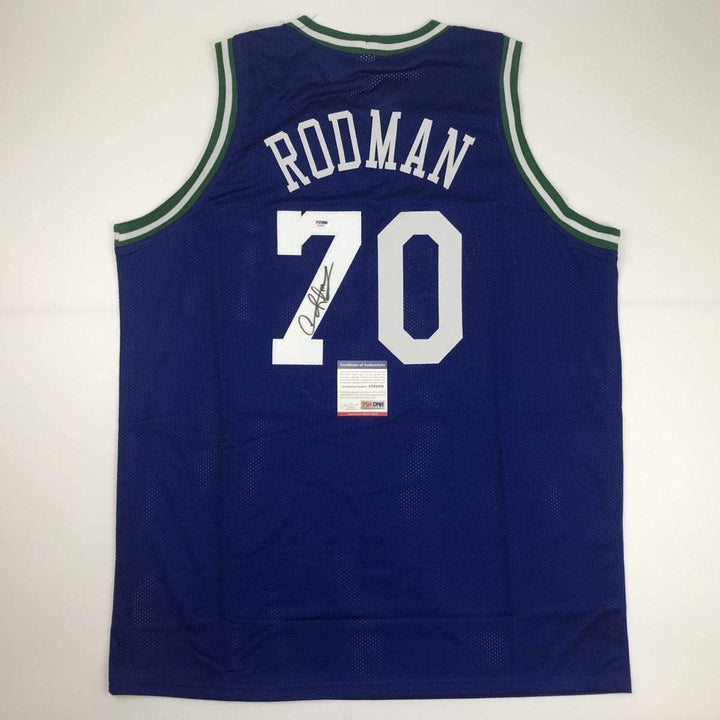 Autographed/Signed DENNIS RODMAN Dallas Blue Jersey PSA/DNA COA Auto