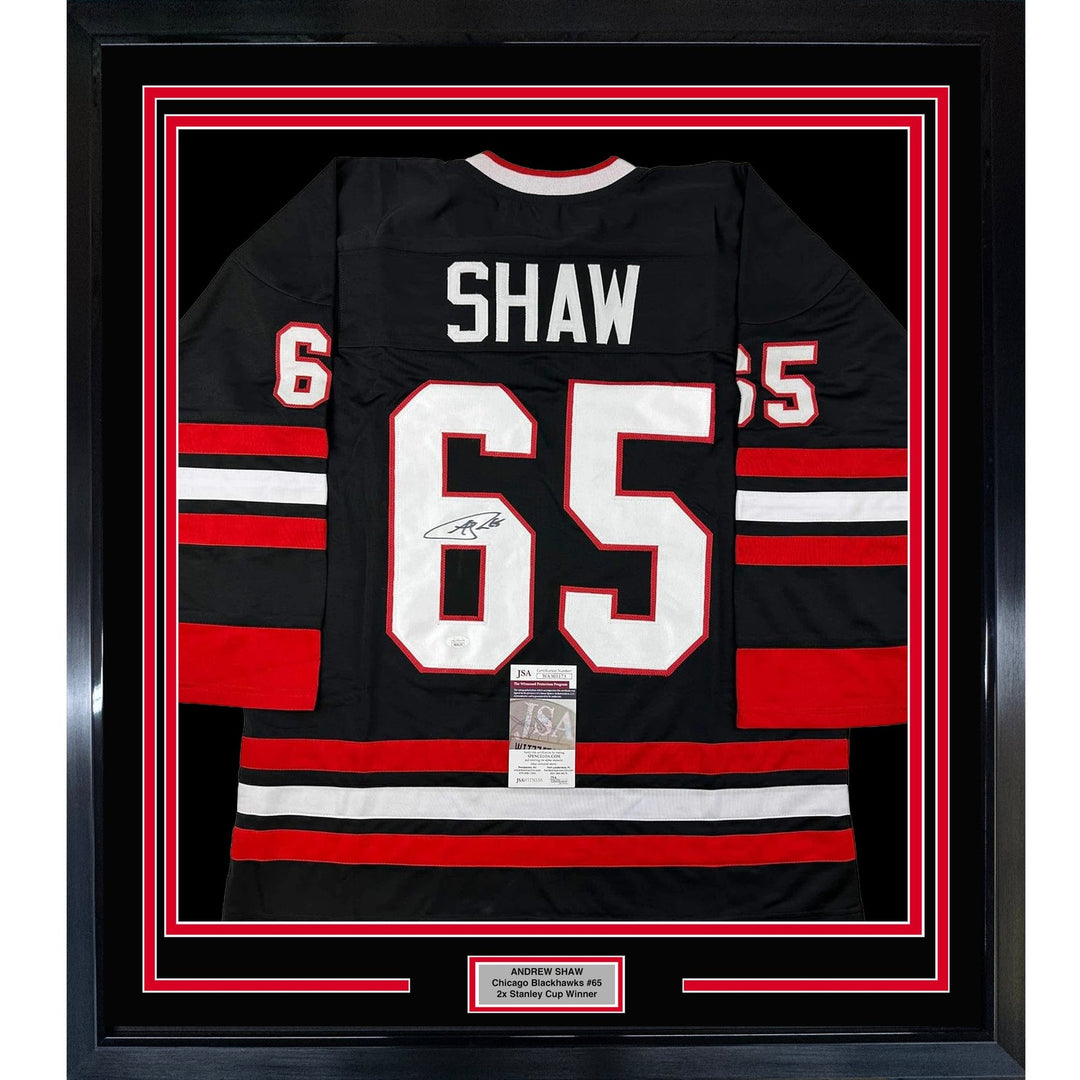Framed Autographed/Signed Andrew Shaw 35x39 Chicago Black Jersey JSA COA