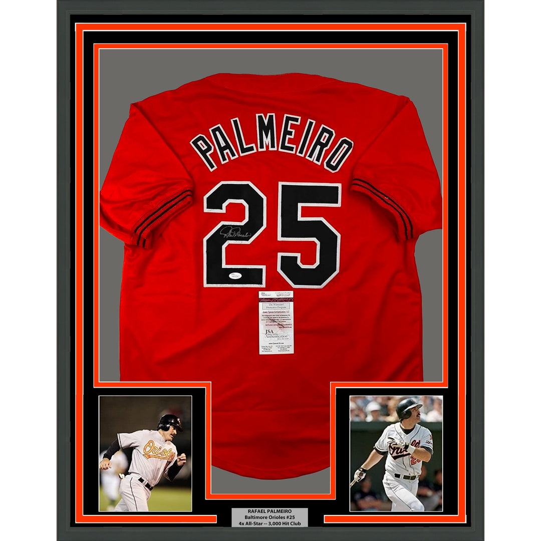 Framed Autographed/Signed Rafael Palmeiro 33x42 Baltimore Orange Jersey JSA COA