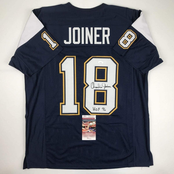 Autographed/Signed Charlie Joiner HOF 96 San Diego Dark Blue Jersey JSA COA
