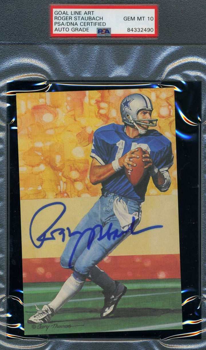 Roger Staubach Gem Mint 10 PSA DNA Slabbed Signed Goal Line Art Card Autographed