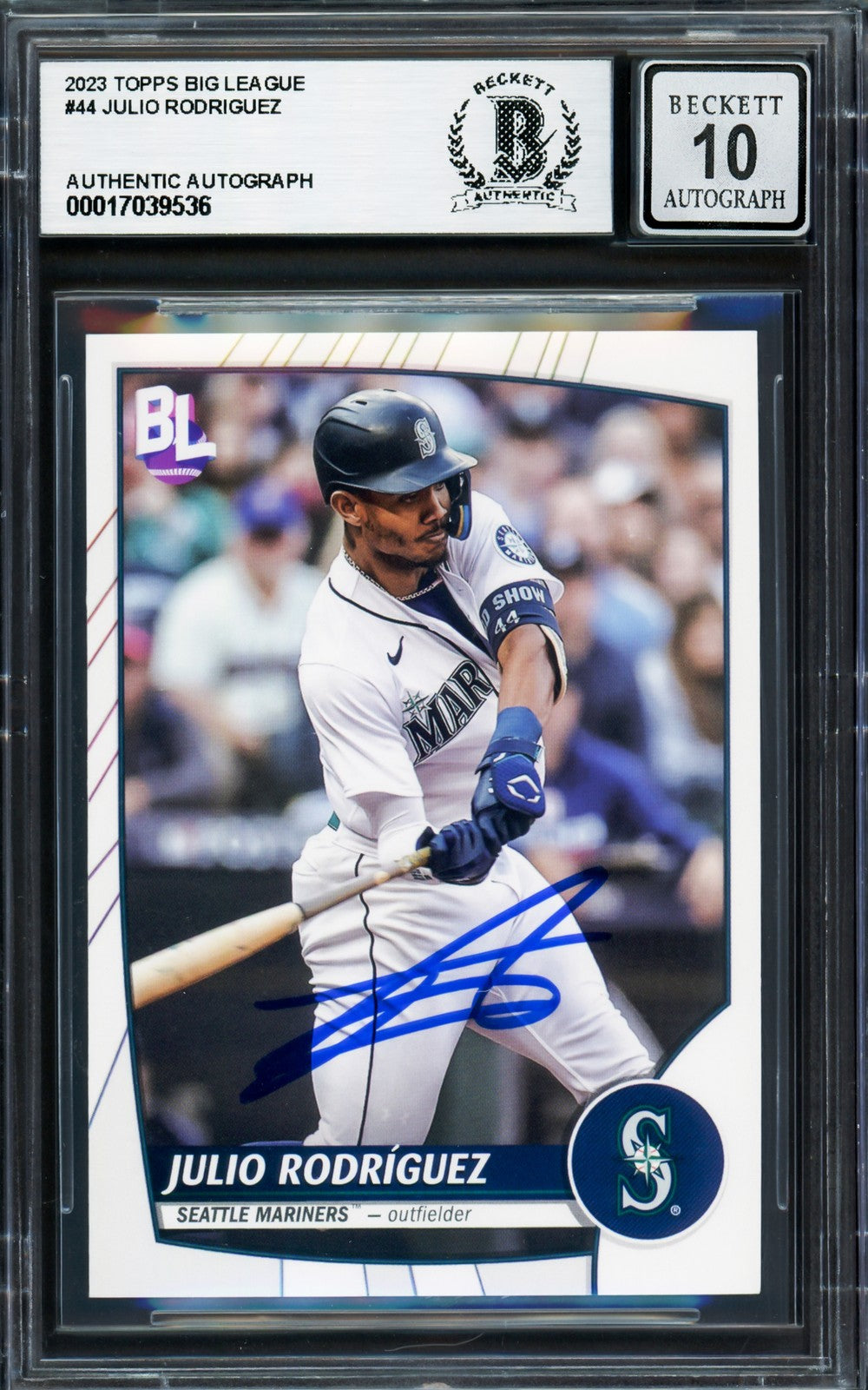 Julio Rodriguez Signed 2023 Topps Big League Card 44 Mariners Auto GM 10 Beckett
