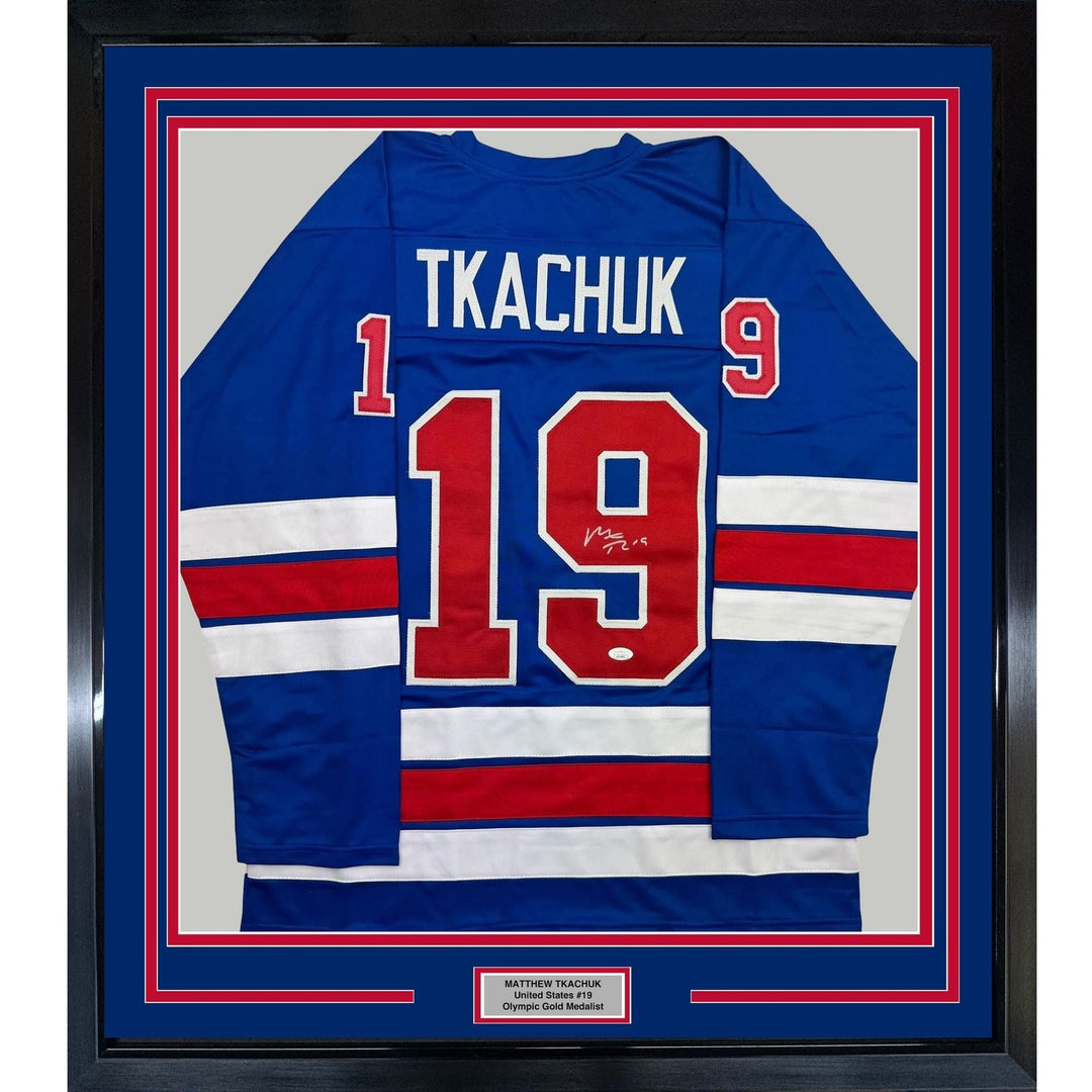 Framed Signed Matthew Tkachuk 35x39 USA 2026 Olympics Jersey JSA COA