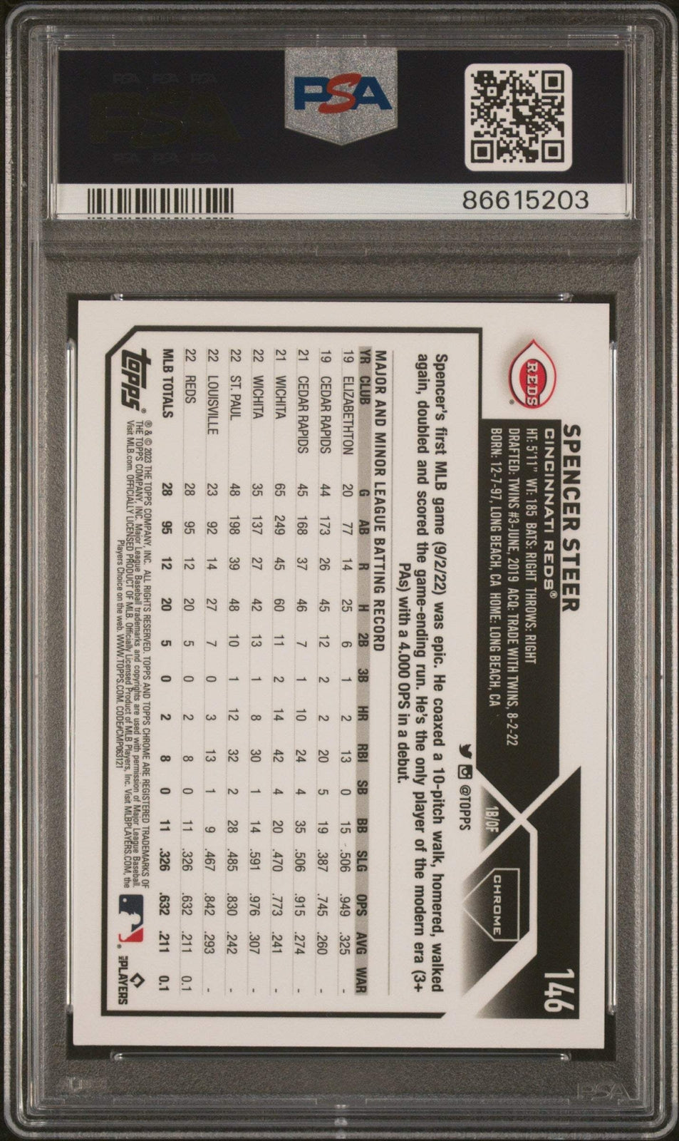 Graded 2023 Topps Chrome Spencer Steer #146 Magenta /399 RC Baseball Card PSA 10