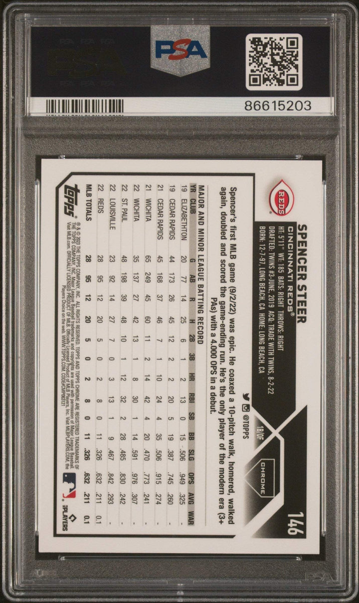 Graded 2023 Topps Chrome Spencer Steer #146 Magenta /399 RC Baseball Card PSA 10