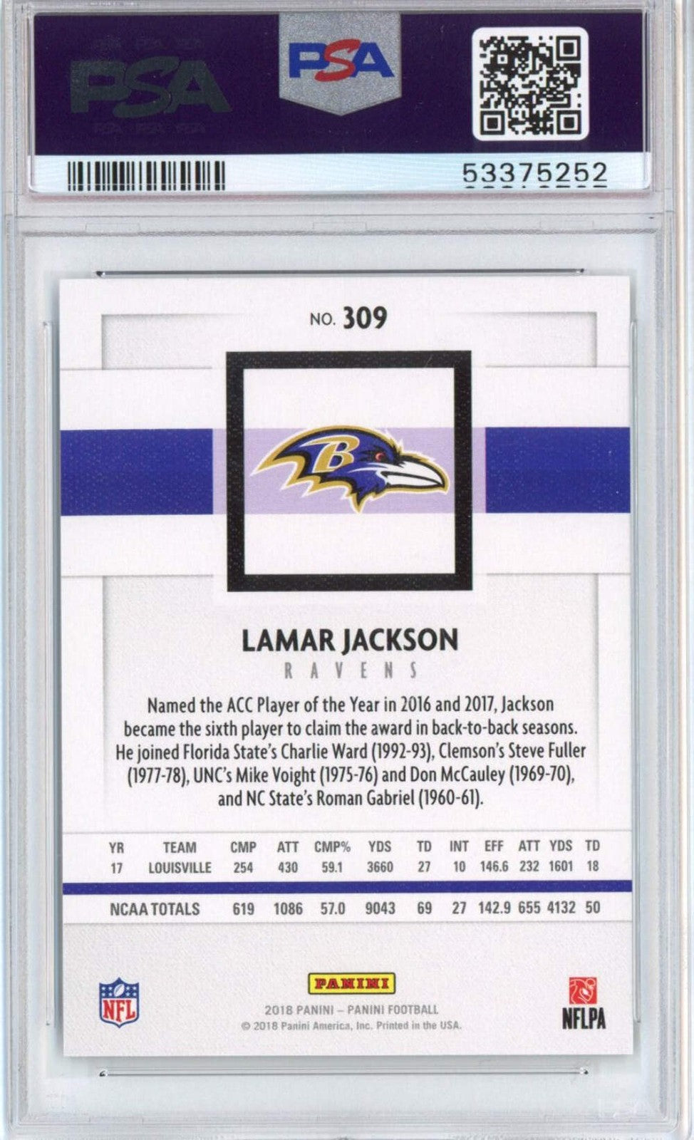 Graded 2018 Panini Lamar Jackson #309 Canvas Rookie RC Football Card PSA 10 Mint
