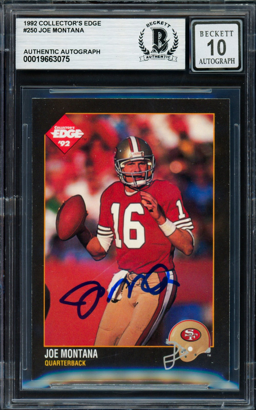 Joe Montana Signed 1992 Collectors Edge Card 250 49ers Auto GM 10 Beckett