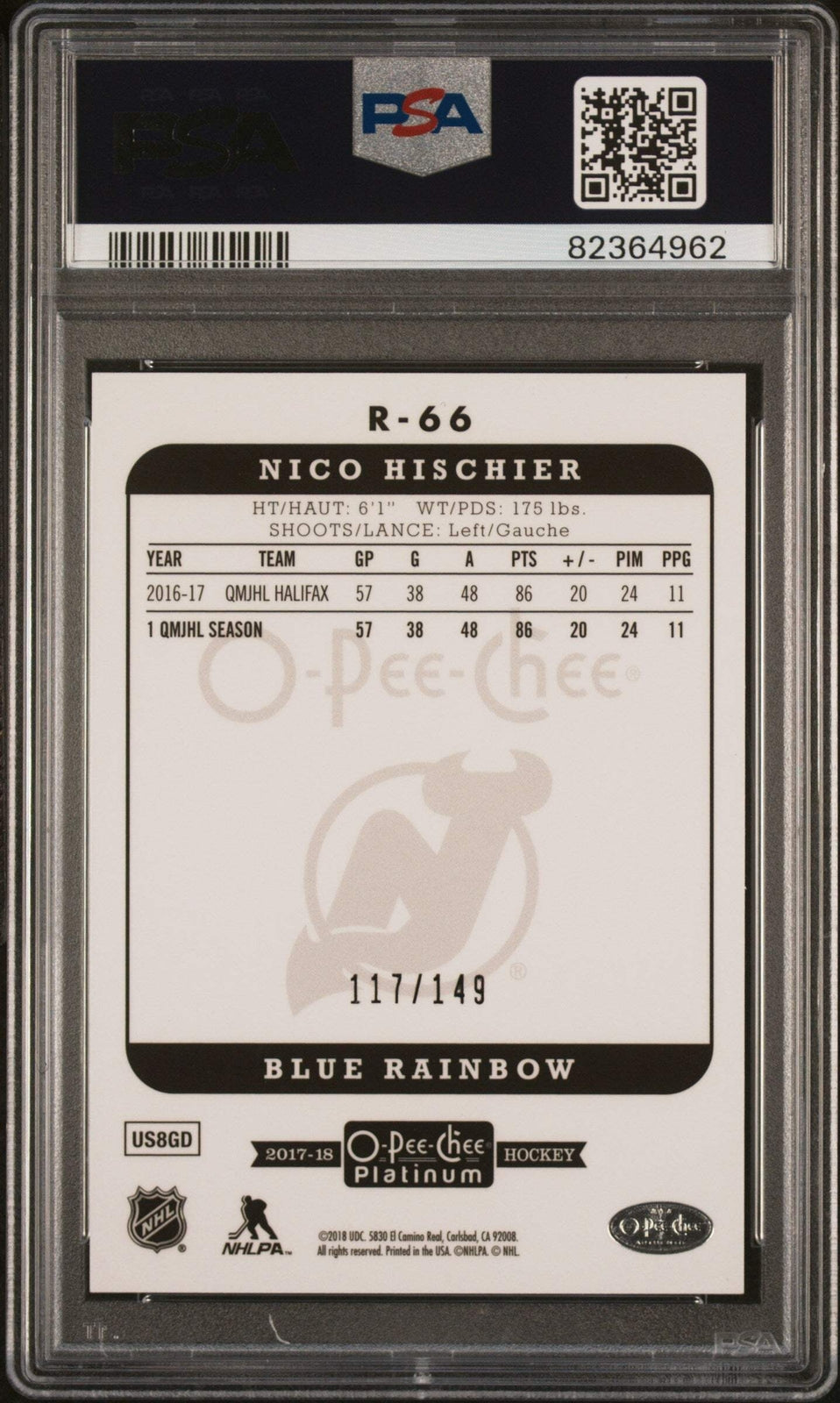 Graded 2017 UD Plat Nico Hischier #R66 Ret-Blue Rainbow #/149 Hockey Card PSA 10