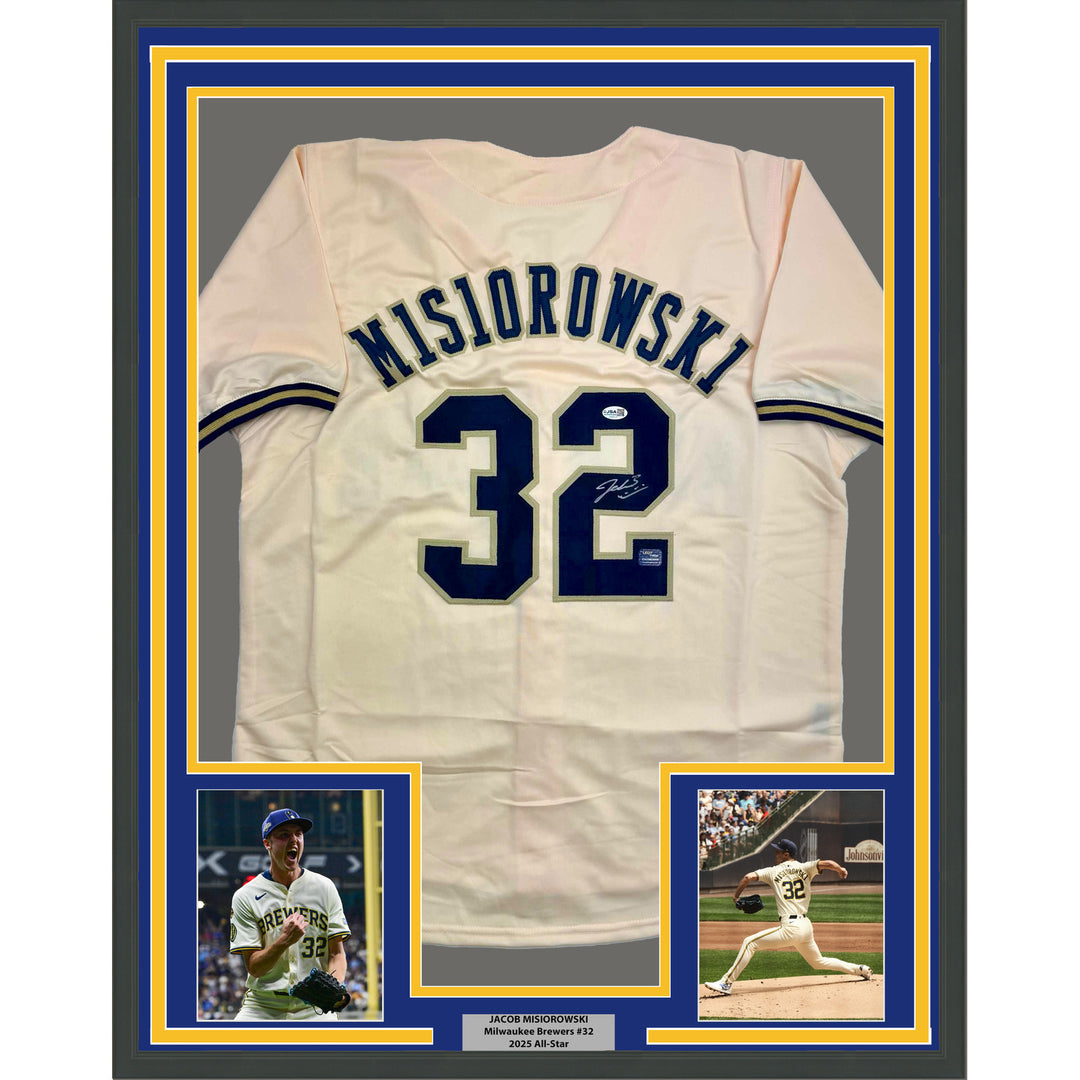 Framed Autographed/Signed Jacob Misiorowski 35x39 Milwaukee Cream Jersey JSA COA