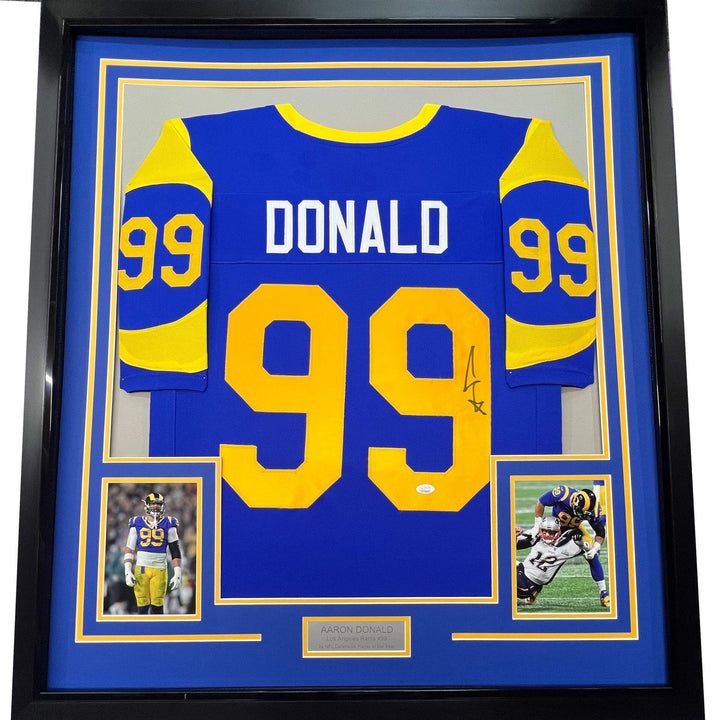 Framed Autographed/Signed Aaron Donald 33x42 LA Retro Blue Jersey JSA COA