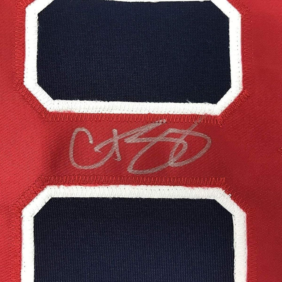 FRAMED Signed CURT SCHILLING 35x39 Boston Blue Jersey JSA COA Auto