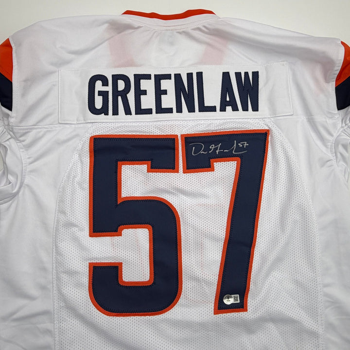 Autographed/Signed Dre Greenlaw Denver White Pro Cut Football Jersey Beckett COA