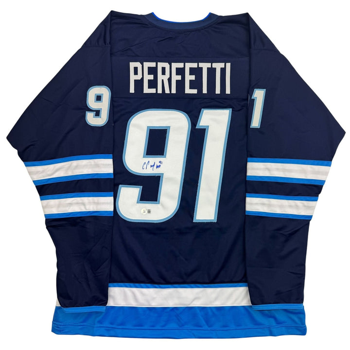 Autographed/Signed Cole Perfetti Winnipeg Blue Hockey Jersey Beckett COA