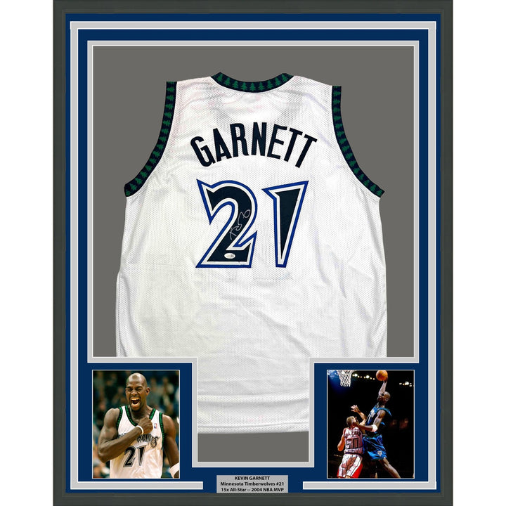 Framed Signed Kevin Garnett 35x39 Minnesota White Jersey Beckett COA
