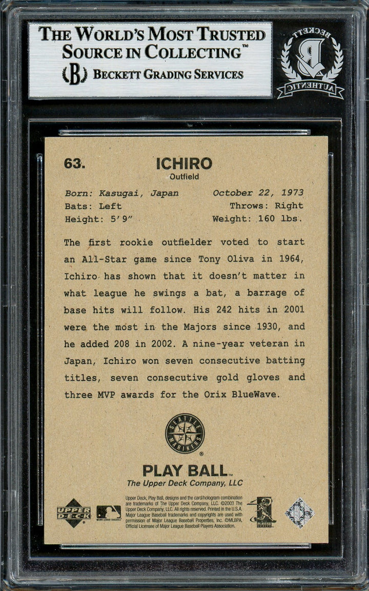 Ichiro Suzuki Signed 2003 Upper Deck Play Ball Card 63 Seattle Mariners Beckett