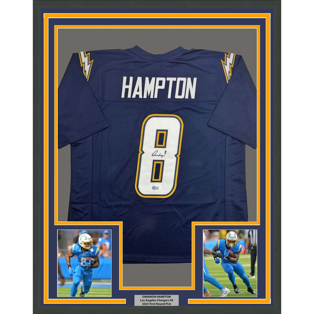 Framed Autographed/Signed Omarion Hampton 35x39 LA Dark Blue Jersey BAS COA